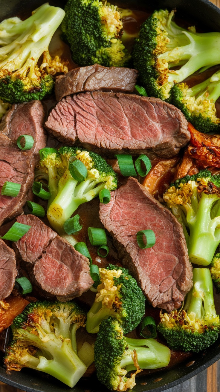 A delicious plate of Keto Beef and Broccoli Stir-Fry with slices of beef and vibrant green broccoli.