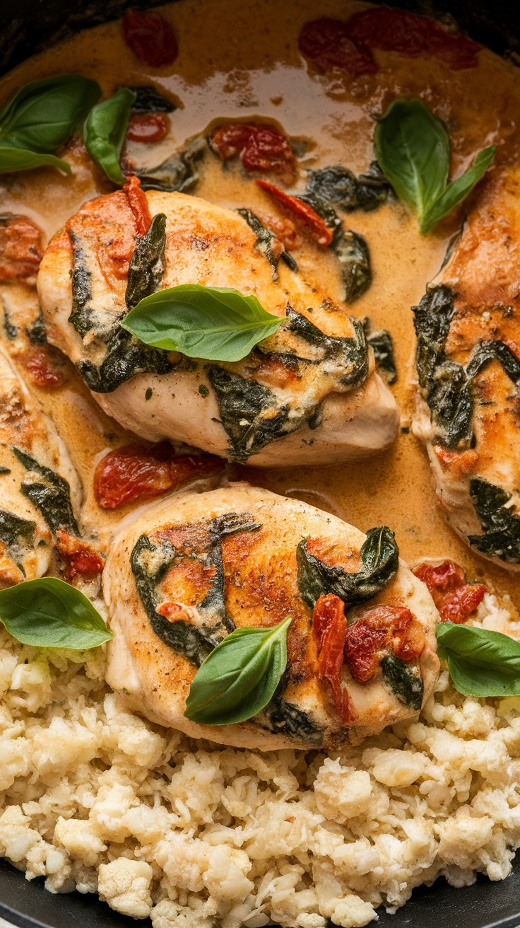 A creamy chicken dish with spinach and sun-dried tomatoes in a skillet