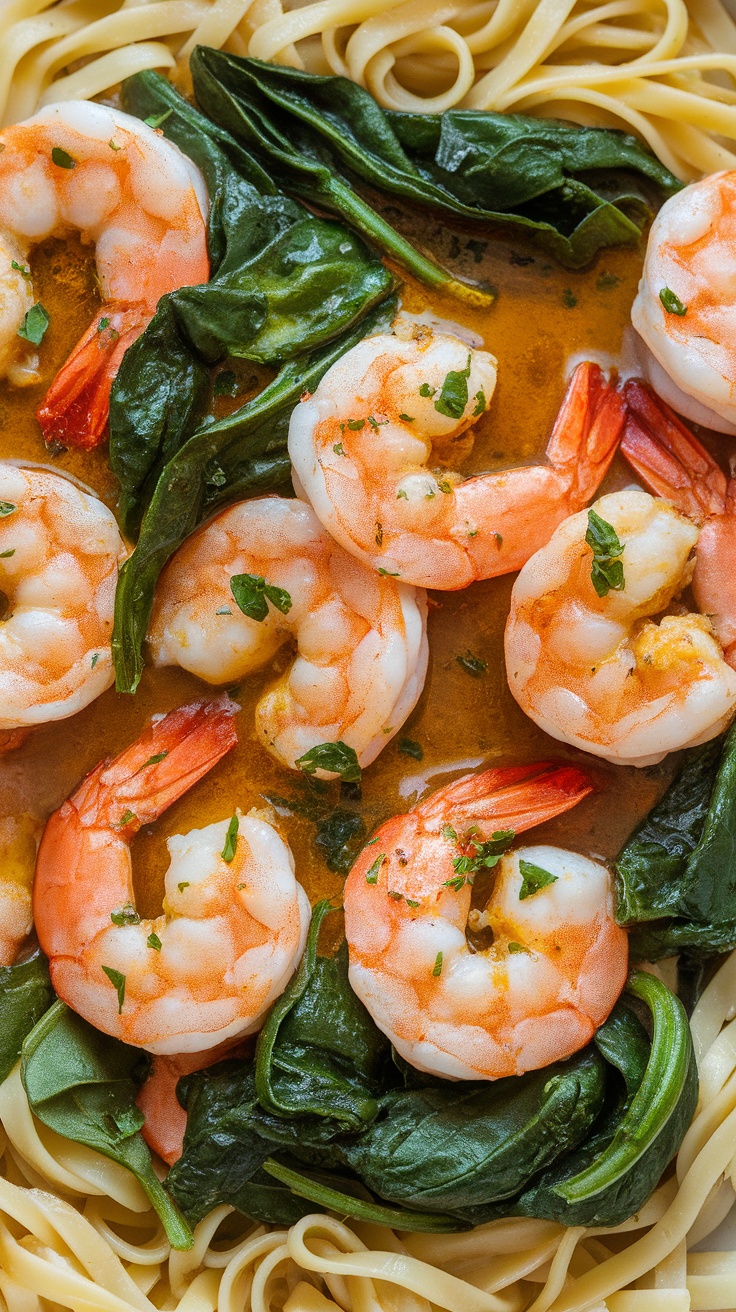 Garlic Butter Sautéed Shrimp with Spinach served over pasta