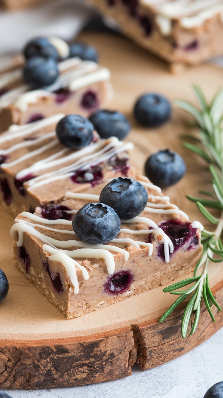 Vegan no-bake blueberry vanilla protein bars with blueberries on top