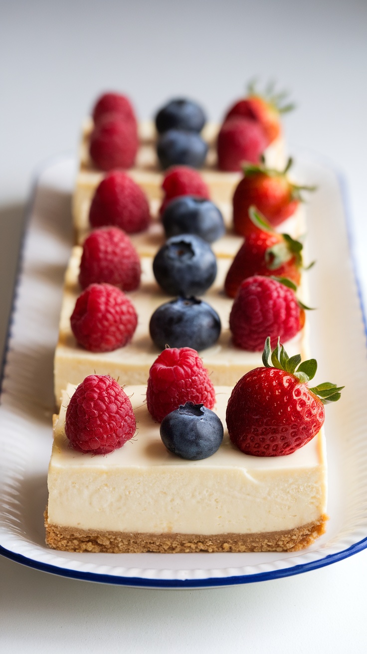 Delicious no-bake vegan cheesecake bars topped with fresh berries