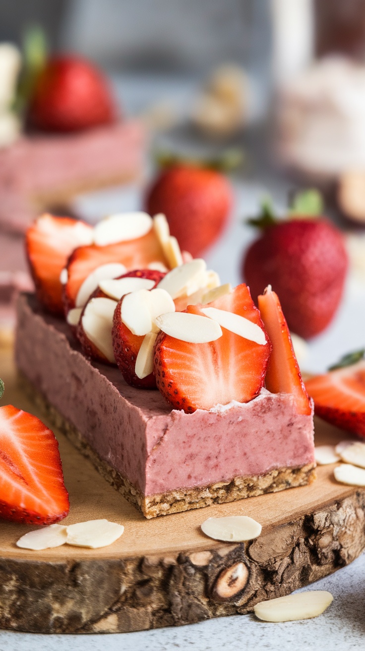 No-bake strawberry almond protein bars topped with fresh strawberries and almond slices.