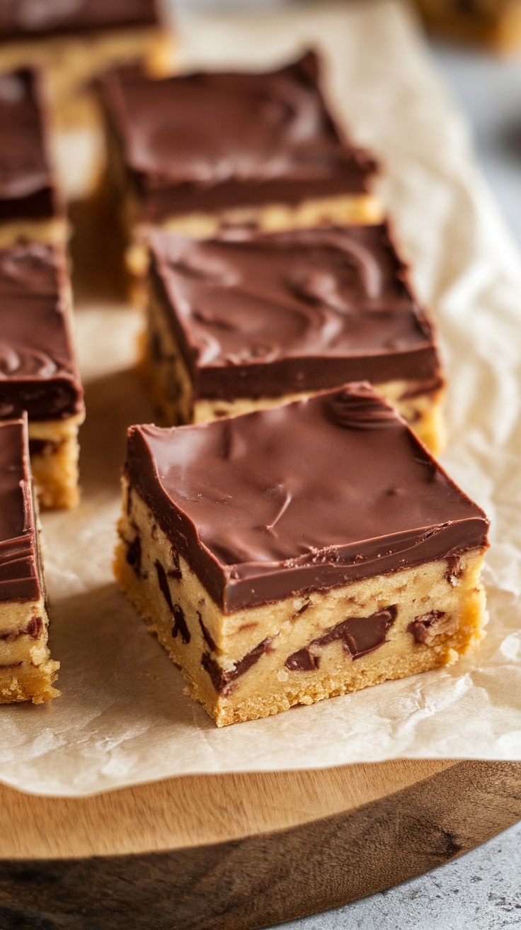 Vegan no-bake cookie dough bars with chocolate topping