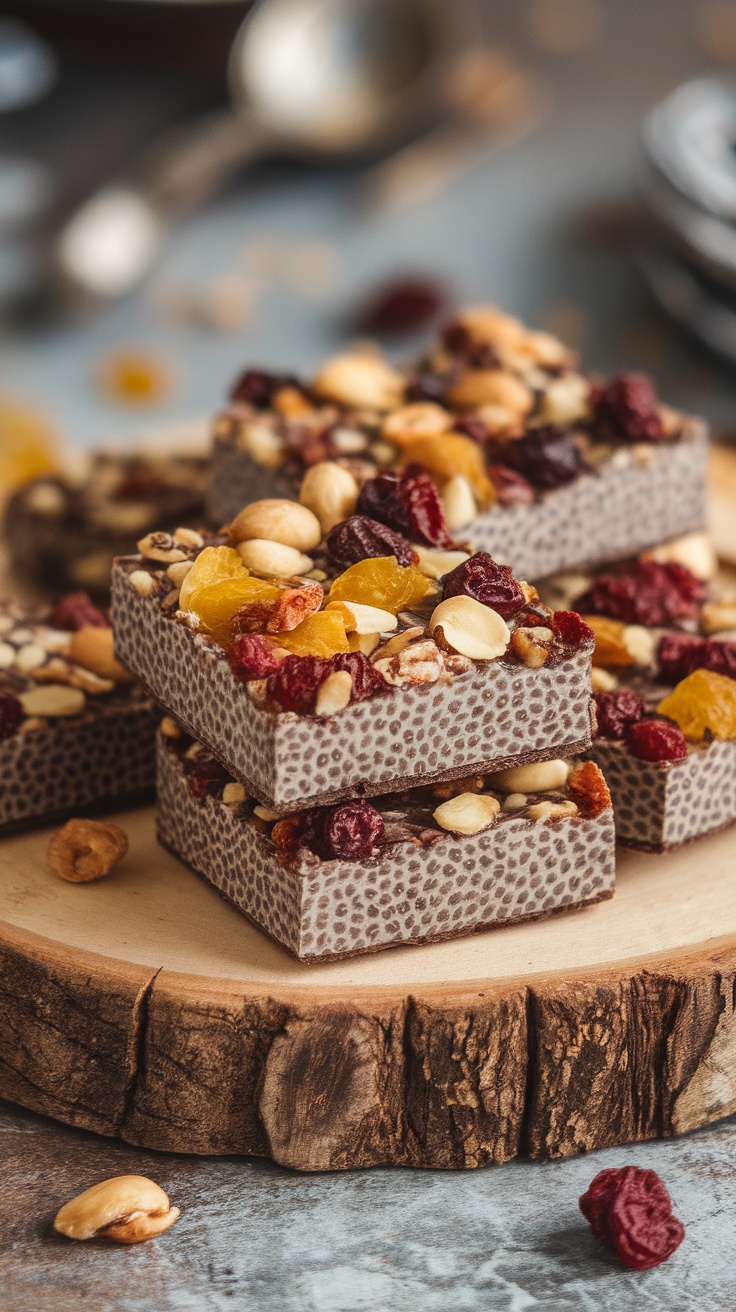 Vegan chia seed energy bars topped with nuts and dried fruits on a wooden platter.