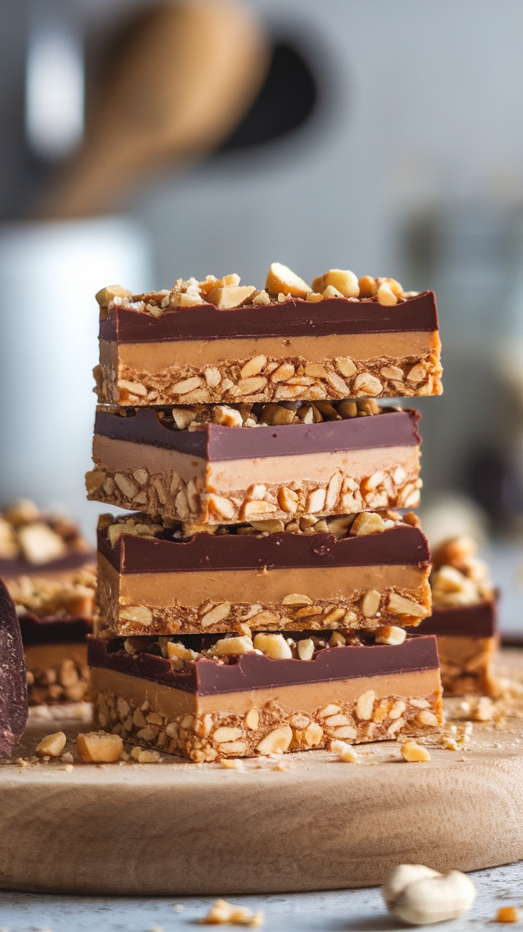 Stack of no-bake peanut butter chocolate protein bars topped with crushed peanuts