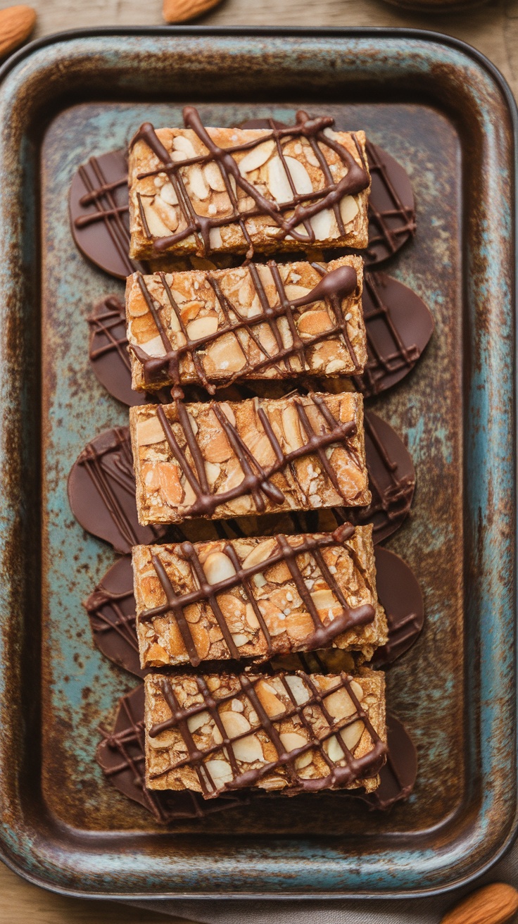 A tray of no-bake vegan almond butter protein bars drizzled with chocolate.