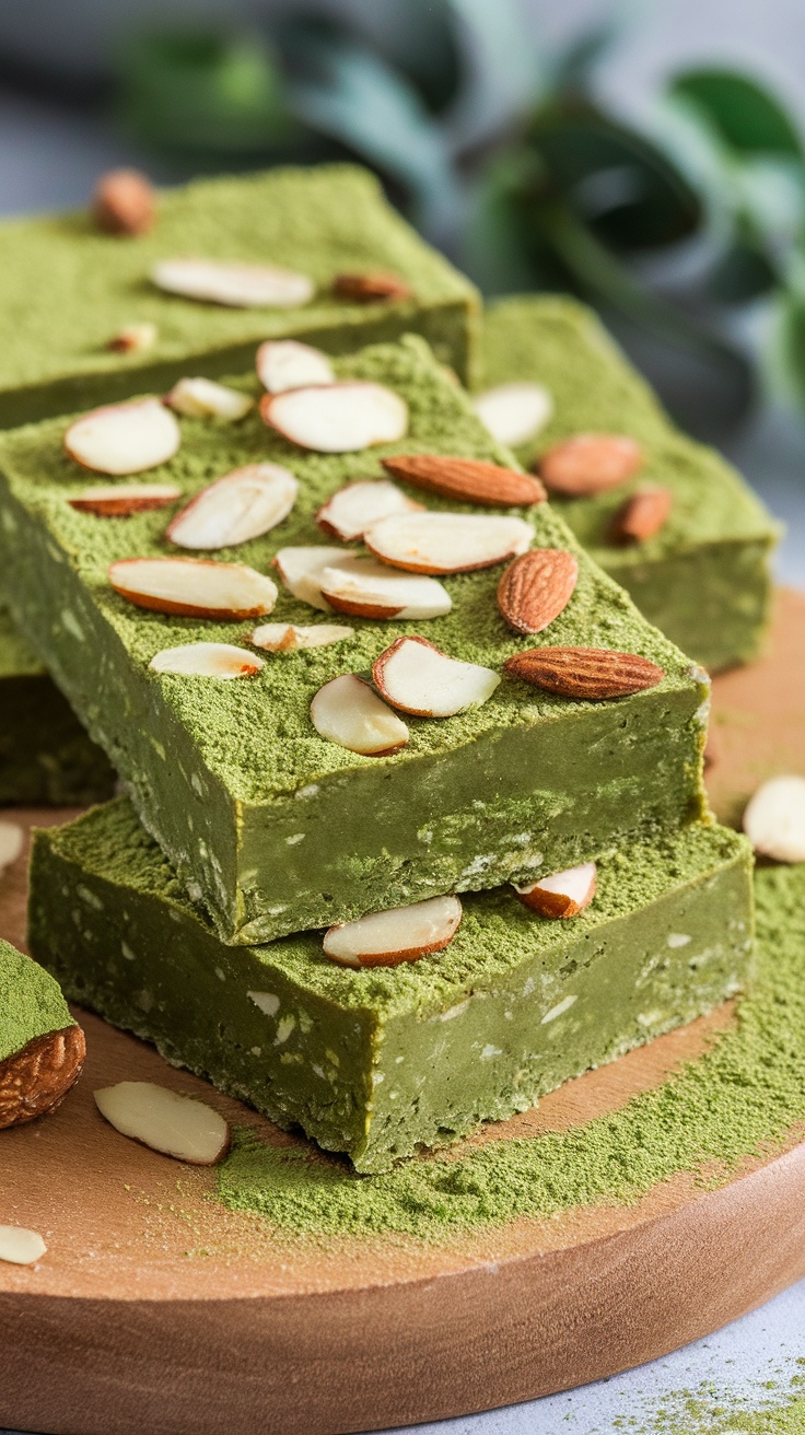 No-bake vegan matcha almond protein bars stacked and topped with sliced almonds.