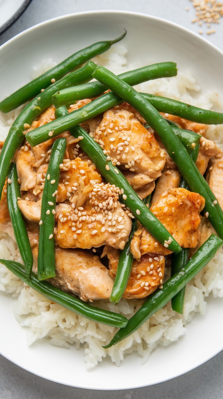 A delicious plate of garlic ginger chicken served with green beans and rice.