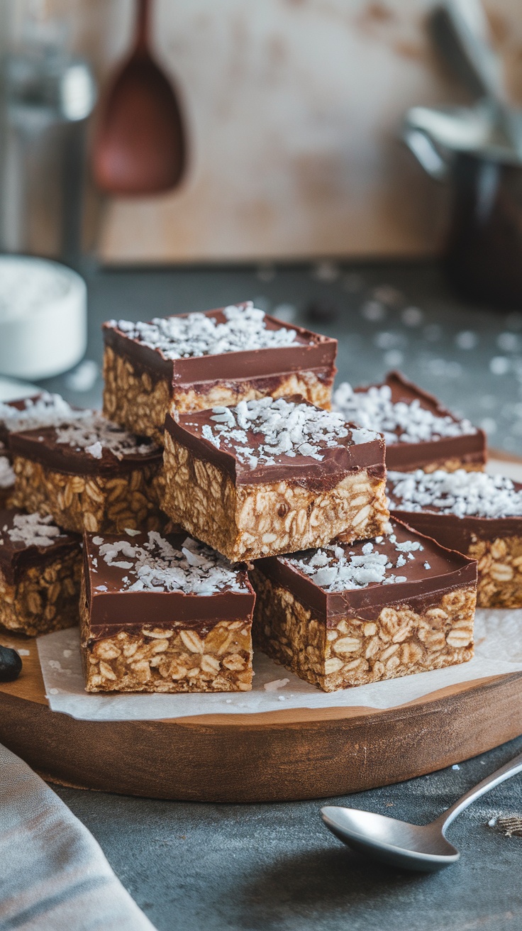 A close-up of chocolate coconut oat bars topped with shredded coconut on a wooden platter.