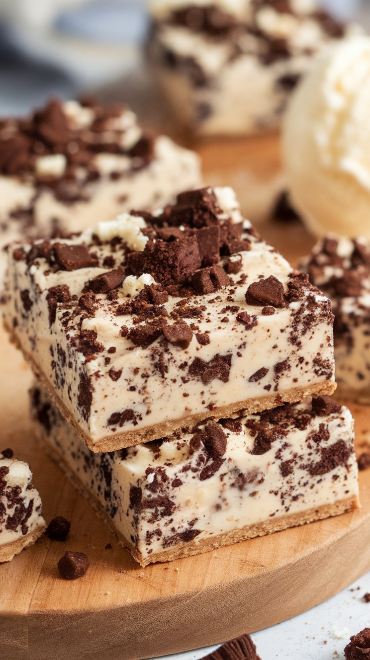 Vegan cookies and cream protein bars stacked on a wooden board.