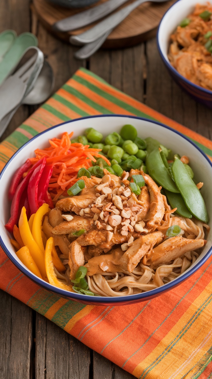 A colorful Asian Peanut Chicken Noodle Bowl with chicken, vegetables, and noodles in peanut sauce, garnished with peanuts and green onions.