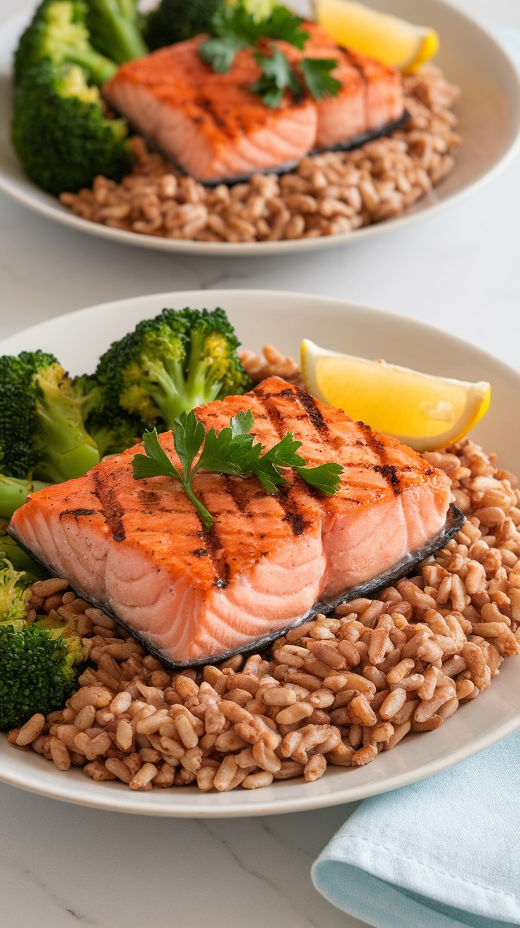 A healthy meal of grilled salmon, farro, and steamed broccoli with lemon and parsley on a rustic table.