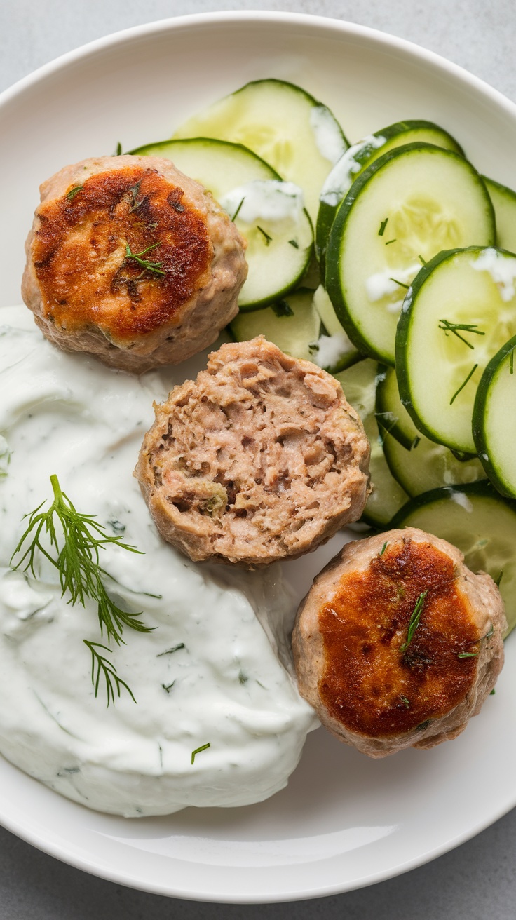 Greek turkey meatballs with tzatziki and cucumber salad on a plate.