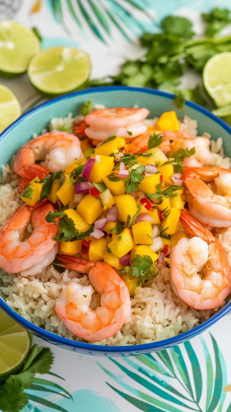 A colorful rice bowl with shrimp, mango salsa, and fresh ingredients, set on a tropical-themed table.