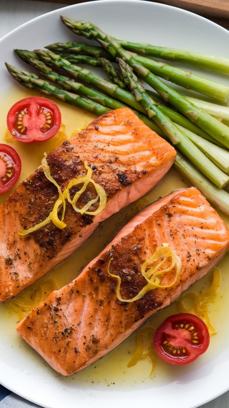 A plate of salmon fillets topped with lemon slices, served with asparagus and cherry tomatoes.