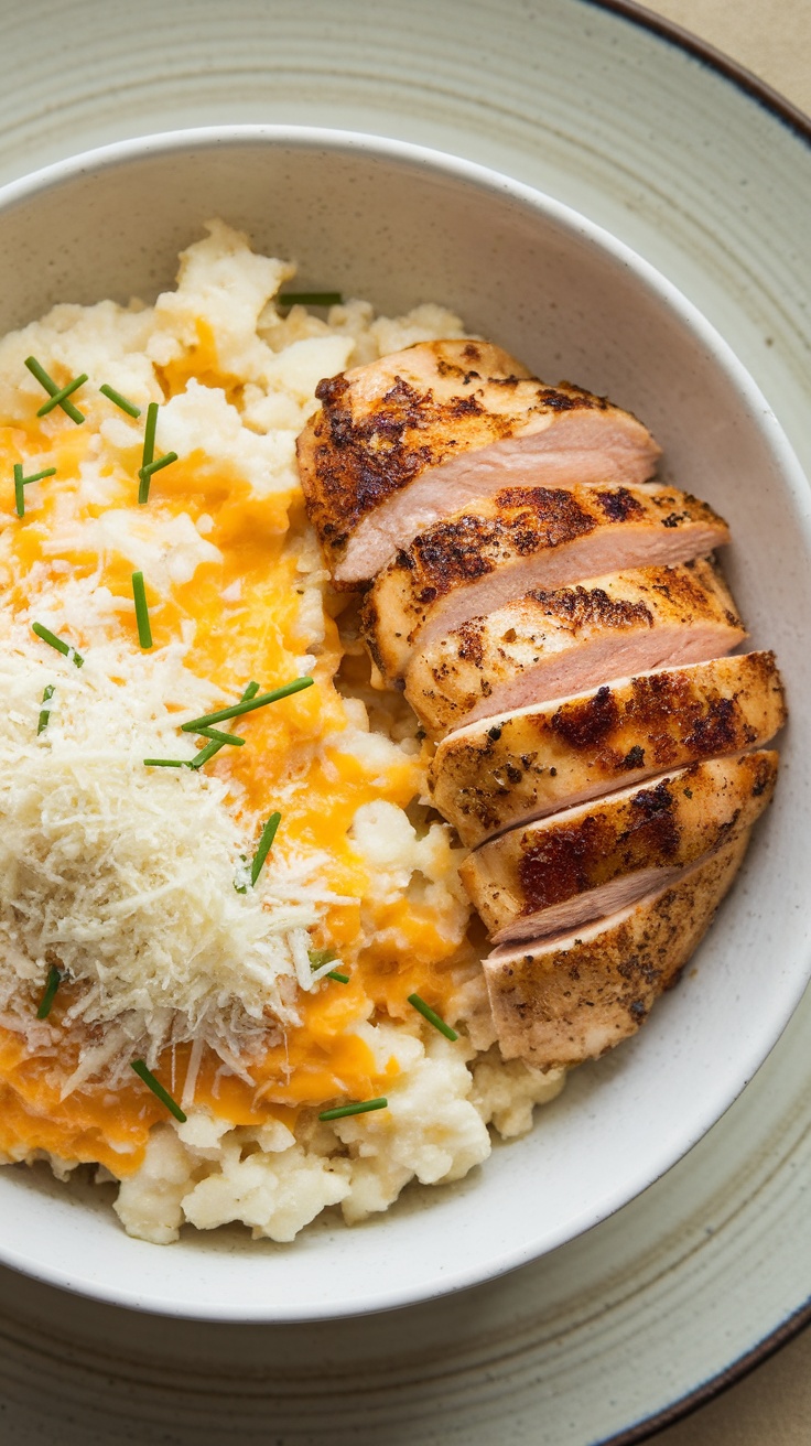 A bowl of cheesy cauliflower rice topped with grilled chicken and chives.