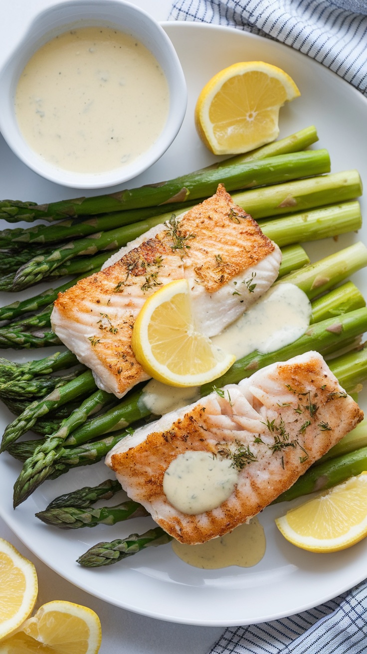 Pan-seared tilapia fillets served with asparagus and lemon slices on a white plate.