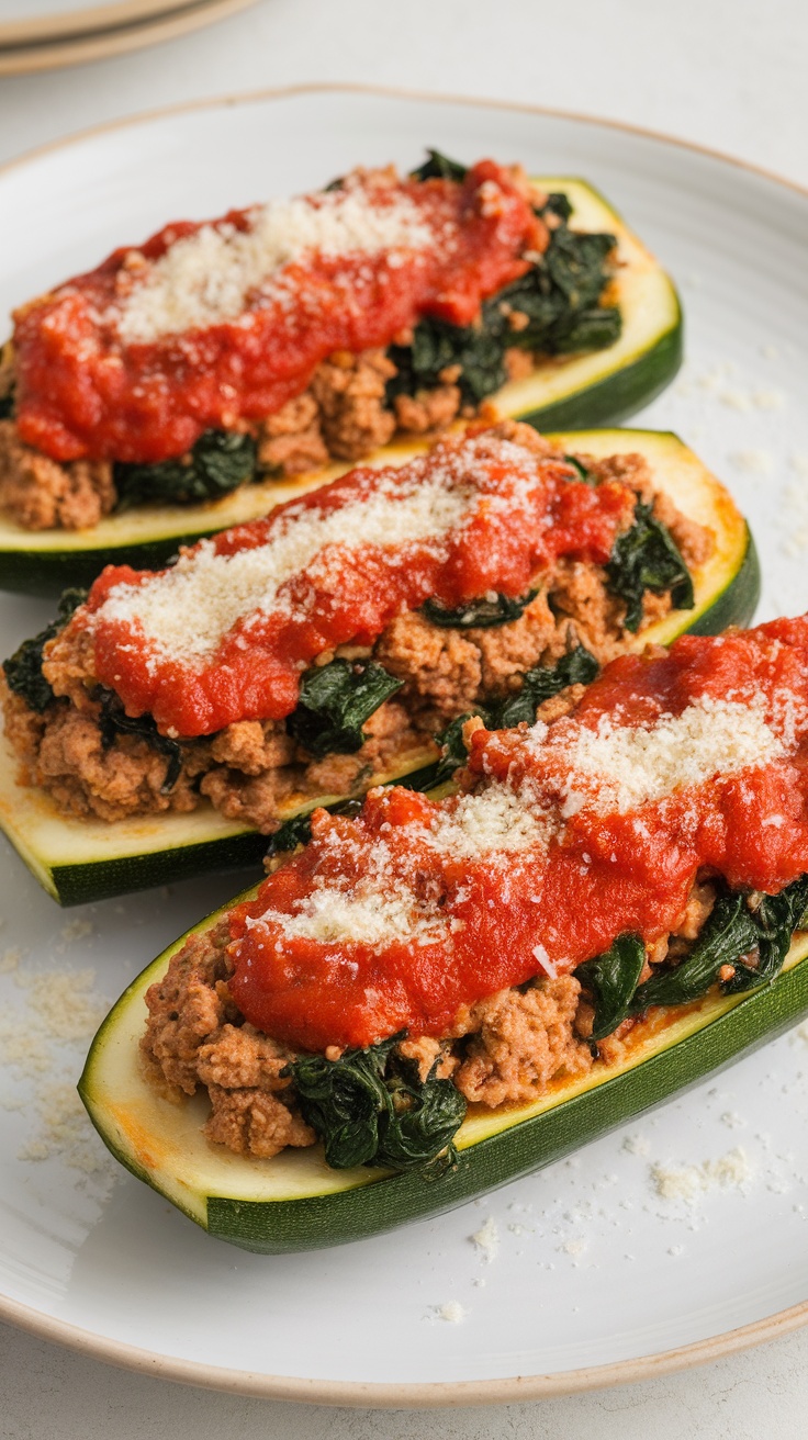 Ground turkey and spinach stuffed zucchini boats topped with tomato sauce and cheese.