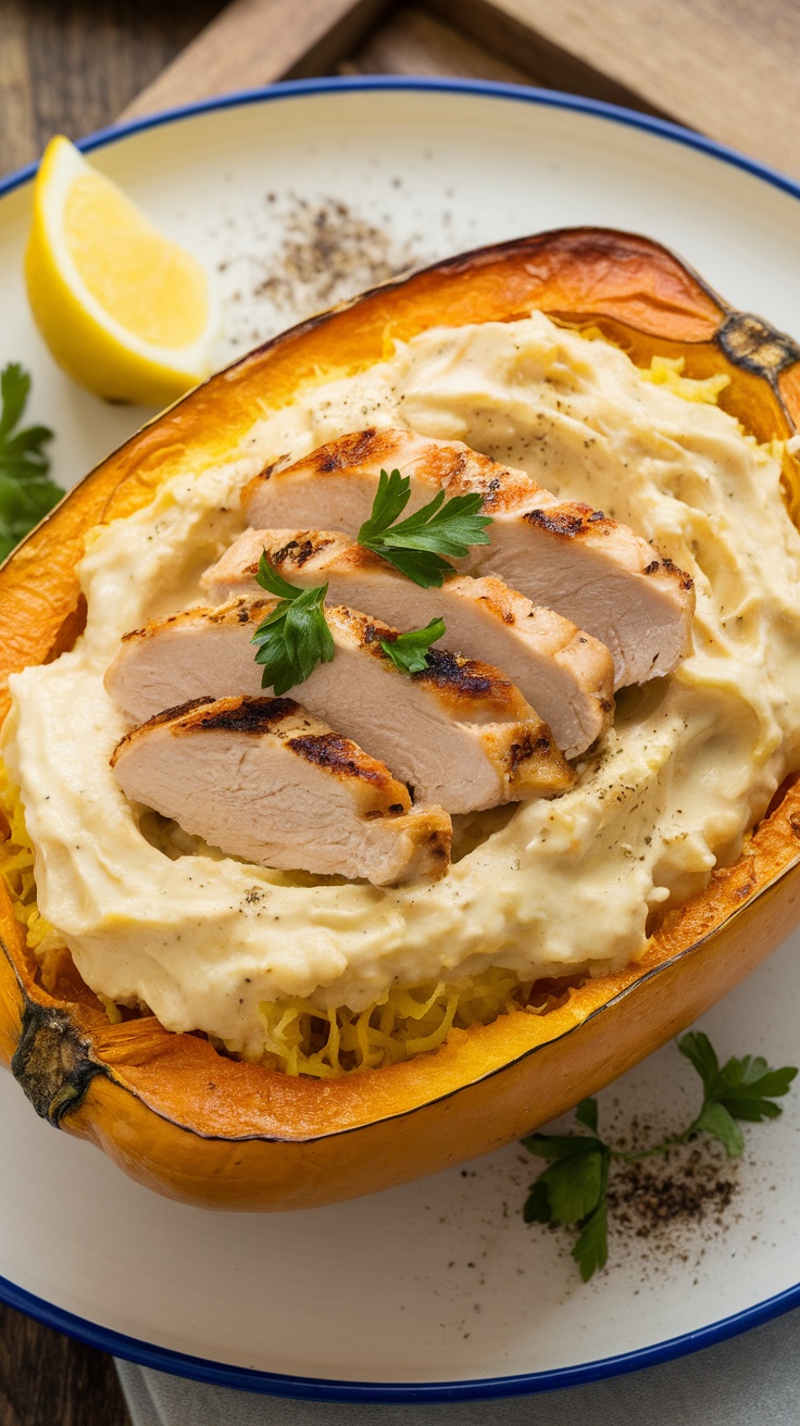 A plate of spaghetti squash alfredo topped with grilled chicken and garnished with parsley.