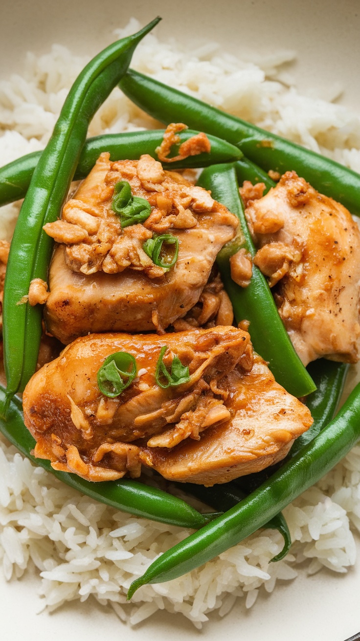 A delicious plate of garlic ginger chicken served with green beans and rice.