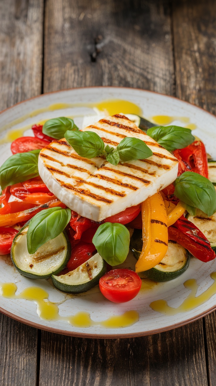 Grilled halloumi salad with roasted vegetables on a wooden table.