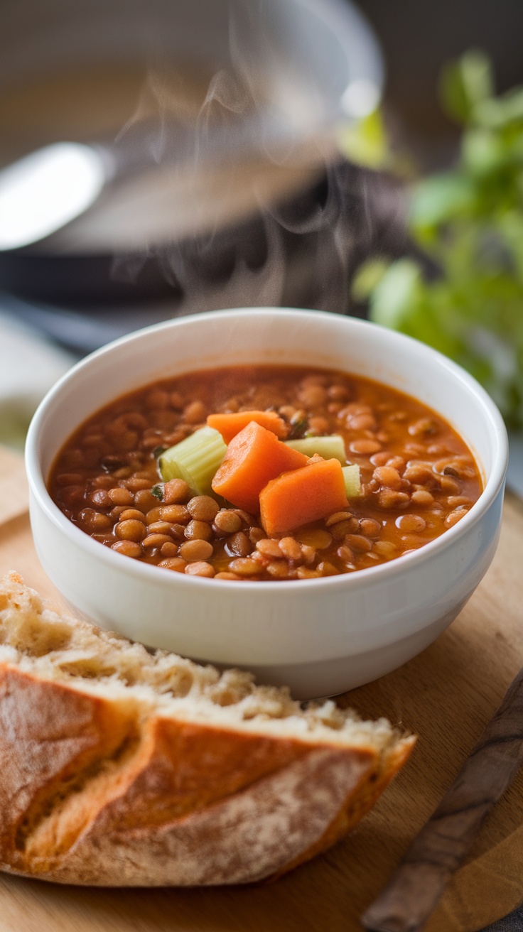 A bowl of steaming lentil soup with carrots and celery, served with a slice of bread.