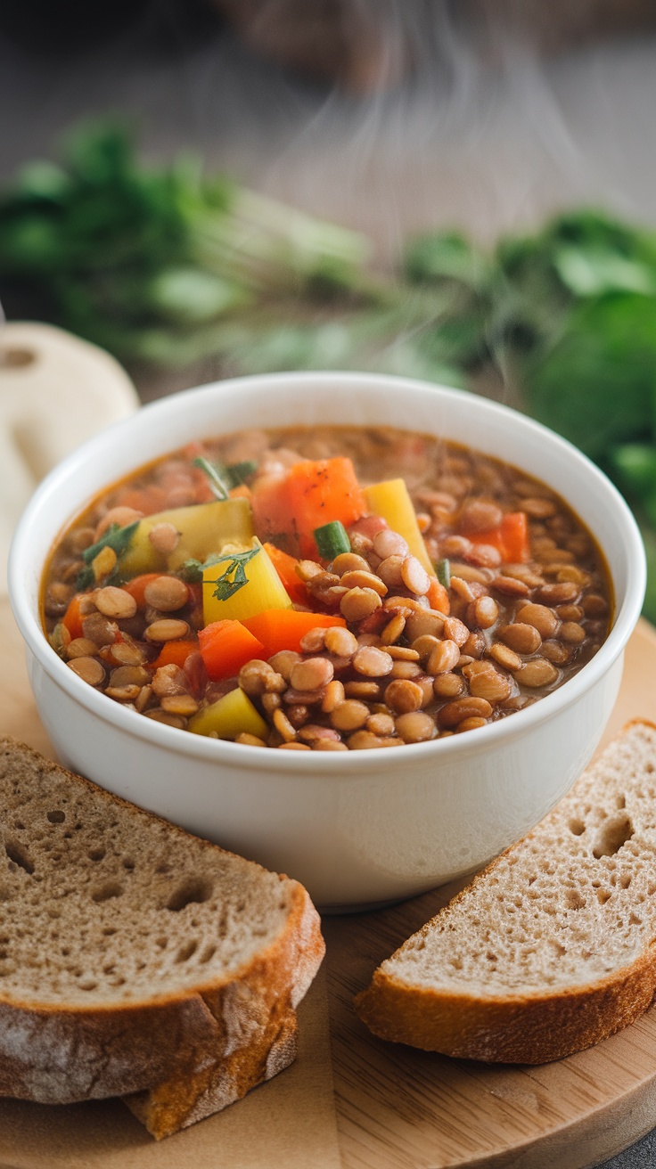 A bowl of lentil soup filled with vegetables, served with slices of bread on the side.