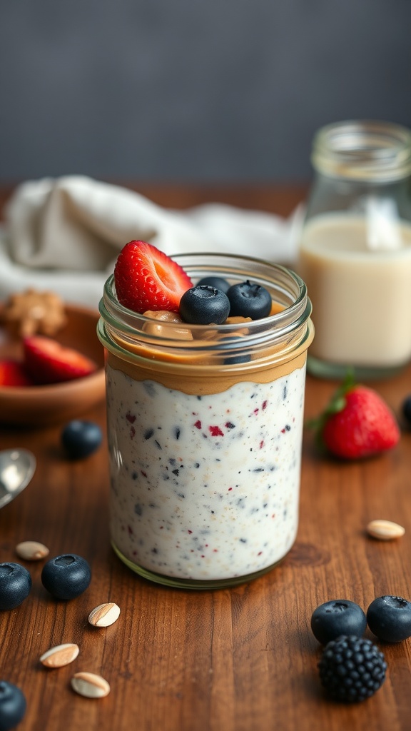 A jar of overnight oats topped with almond butter and fresh berries