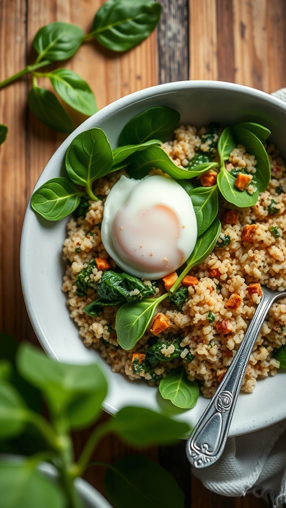 A quinoa breakfast bowl topped with spinach and a poached egg.