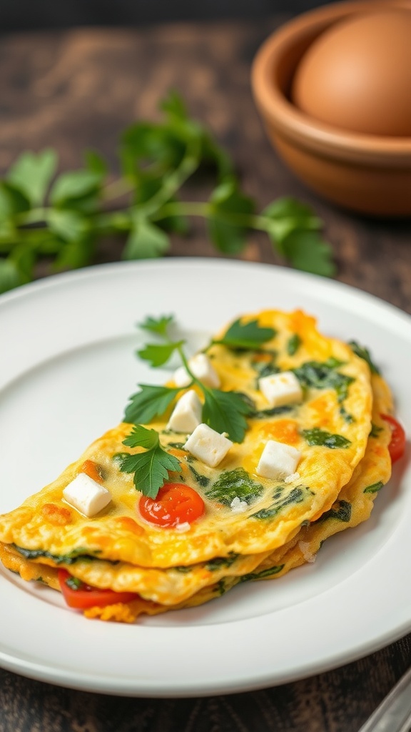 A delicious spinach and feta omelet garnished with parsley and served on a white plate.