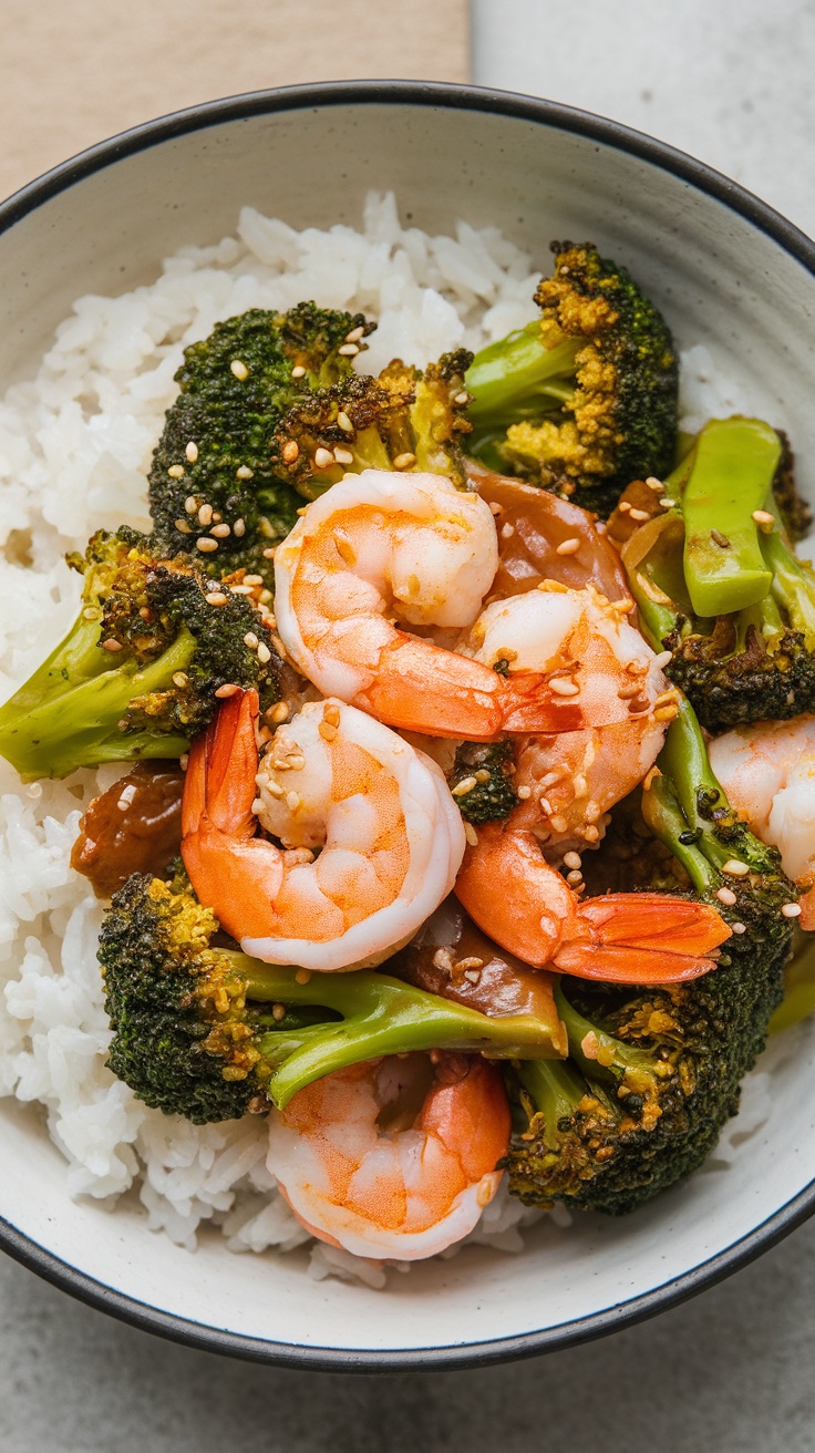 Shrimp and broccoli stir-fry served over rice