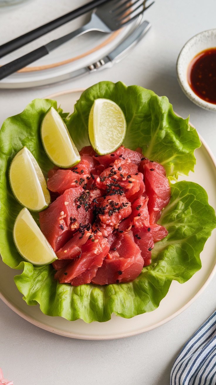 Spicy tuna salad wrapped in lettuce with lime wedges