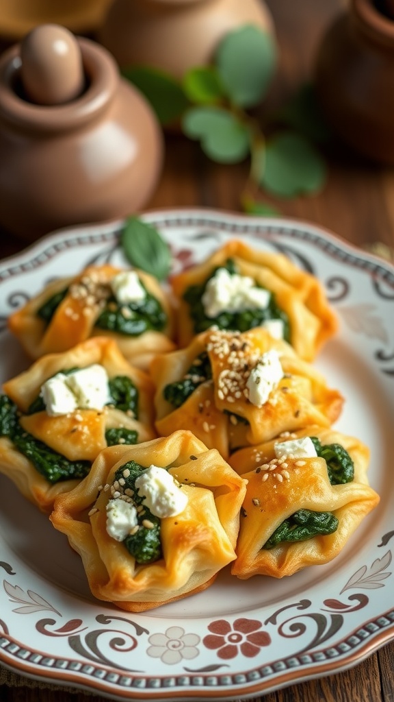 Delicious spinach and feta puff pastry bites arranged on a plate.