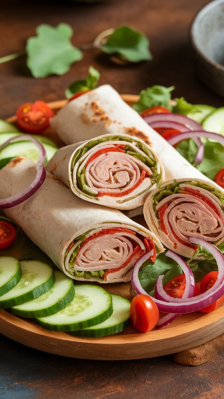 Turkey and Hummus Wrap with vegetables on a wooden platter