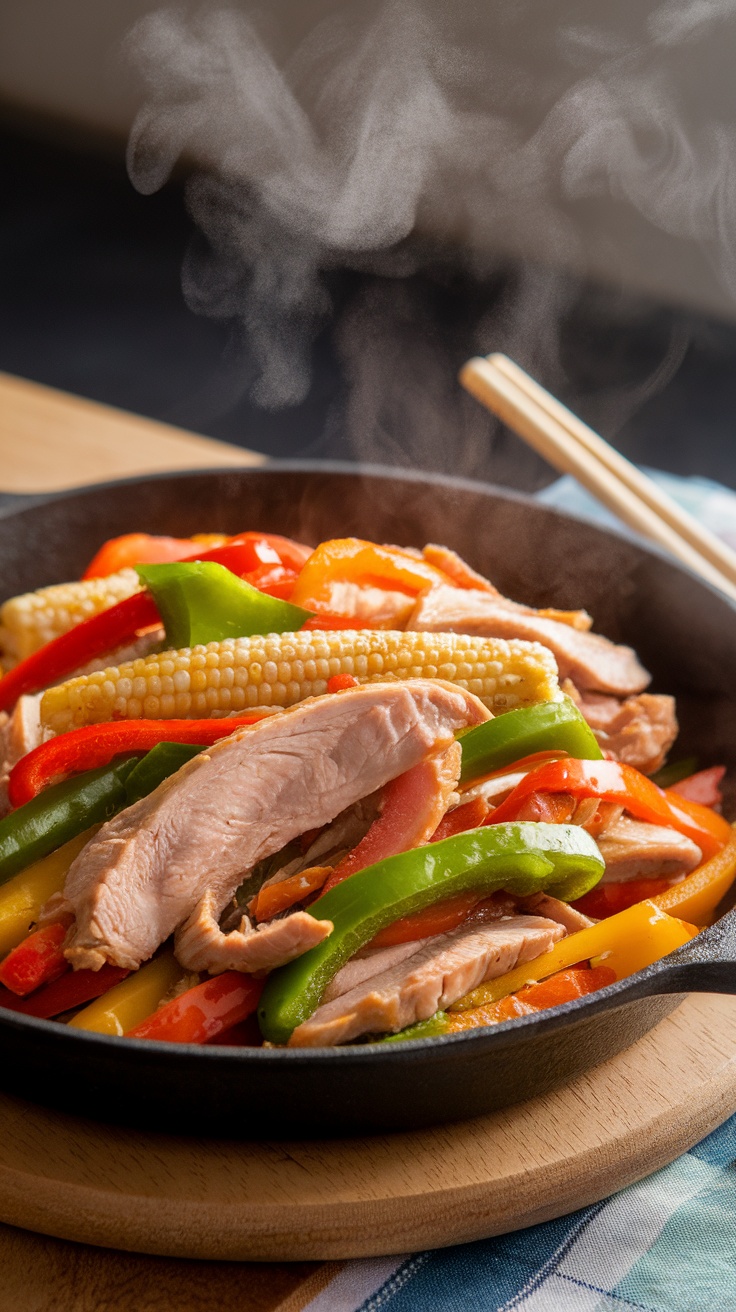 A delicious turkey and vegetable stir-fry served in a skillet, showcasing vibrant colors from the peppers and corn.