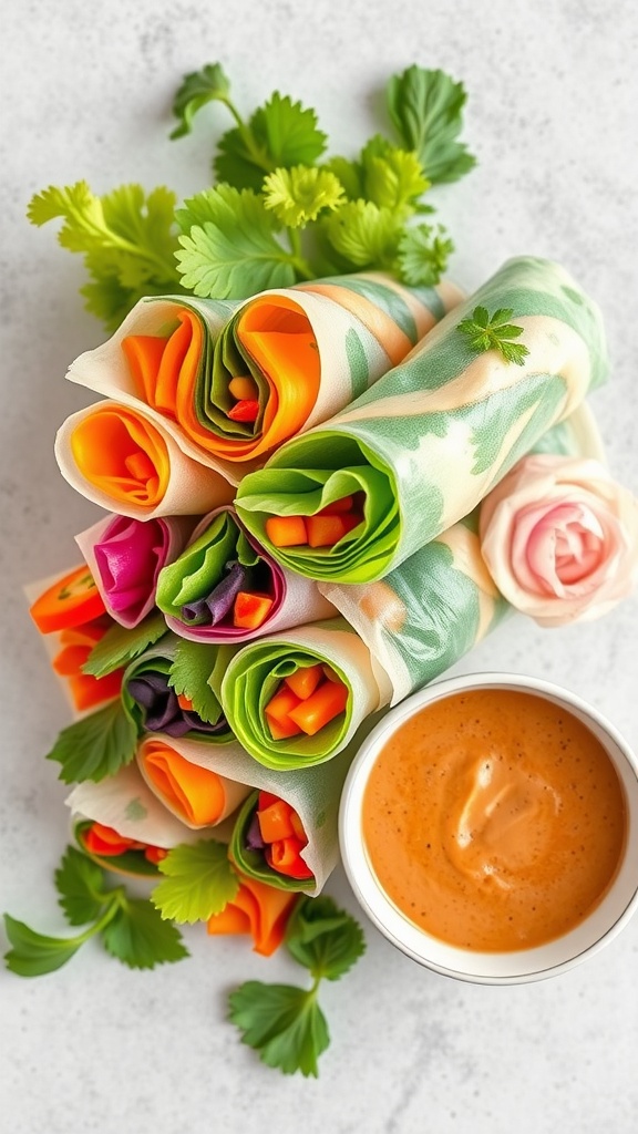 Colorful vegetable spring rolls served with peanut sauce