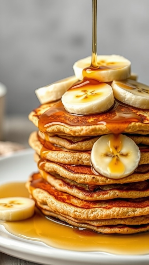 Stack of whole wheat banana pancakes drizzled with syrup and topped with banana slices