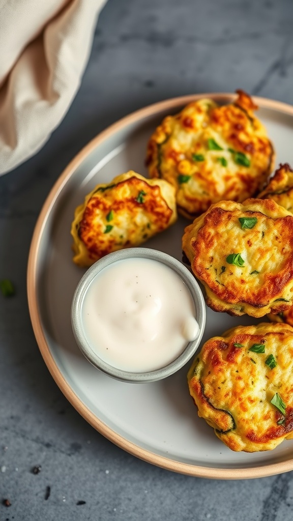 Delicious zucchini and corn fritters served with a creamy dip