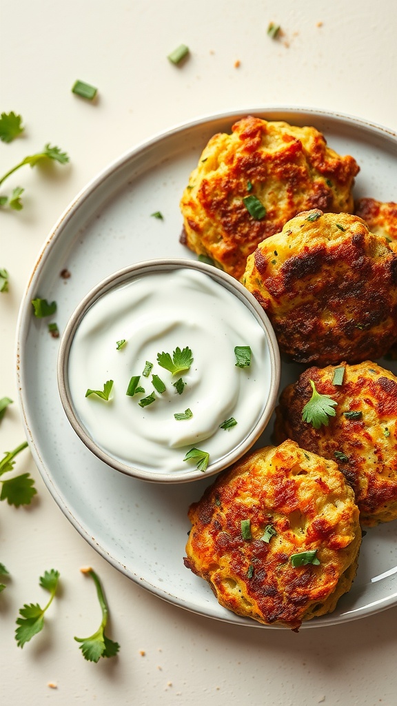 Zucchini fritters served with a yogurt dip, garnished with fresh herbs.