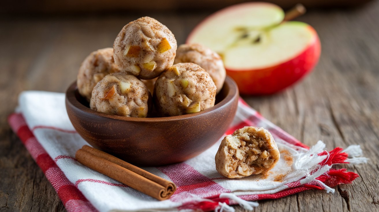 A wooden bowl filled with apple cinnamon protein balls sits on a red and white cloth. Beside it are an apple half and cinnamon sticks. One protein ball is partially eaten, revealing nuts and apple bits inside. All items rest on a rustic wooden surface.