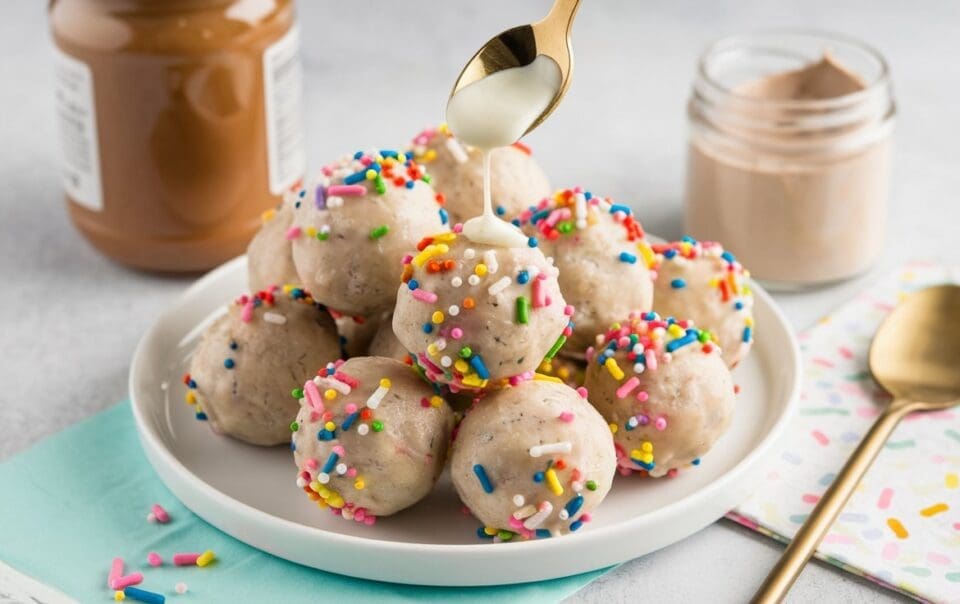 A plate of birthday cake protein balls is topped with a drizzle of white sauce from a spoon. The balls, boasting colorful sprinkles, share the scene with a jar of spread, an empty jar, a gold spoon, and folded napkins—perfect for any festive occasion.