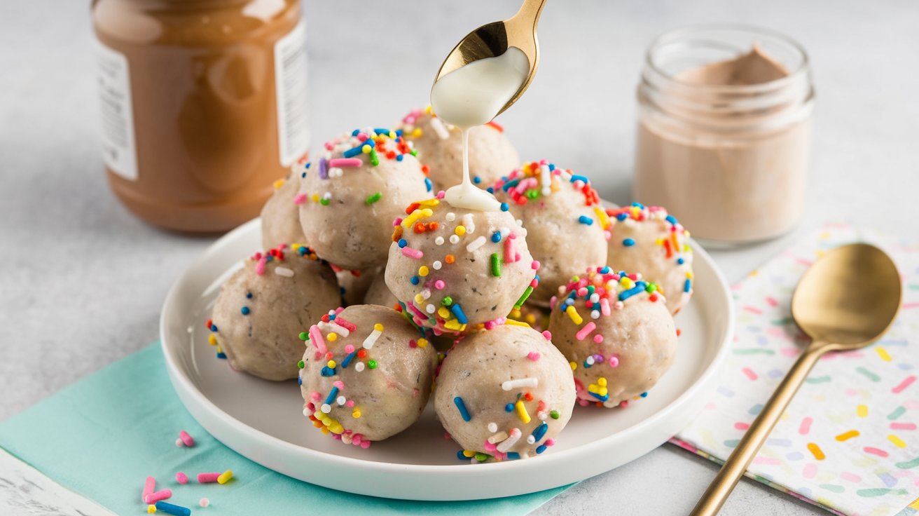 A plate of birthday cake protein balls is topped with a drizzle of white sauce from a spoon. The balls, boasting colorful sprinkles, share the scene with a jar of spread, an empty jar, a gold spoon, and folded napkins—perfect for any festive occasion.