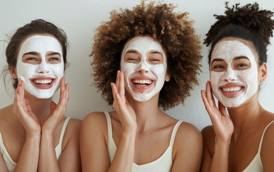 Three women with facial masks stand close together, smiling and touching their faces. They have different hairstyles: one with straight hair, one curly, and one curly in a bun. Theyre enjoying ultra-moisturizing DIY face masks while wearing light-colored tank tops against a plain background.