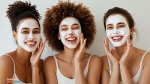 Three women smile and touch their faces, each wearing a white DIY face mask. They have different hair types and are dressed in light-colored tank tops. The background is a plain white wall.