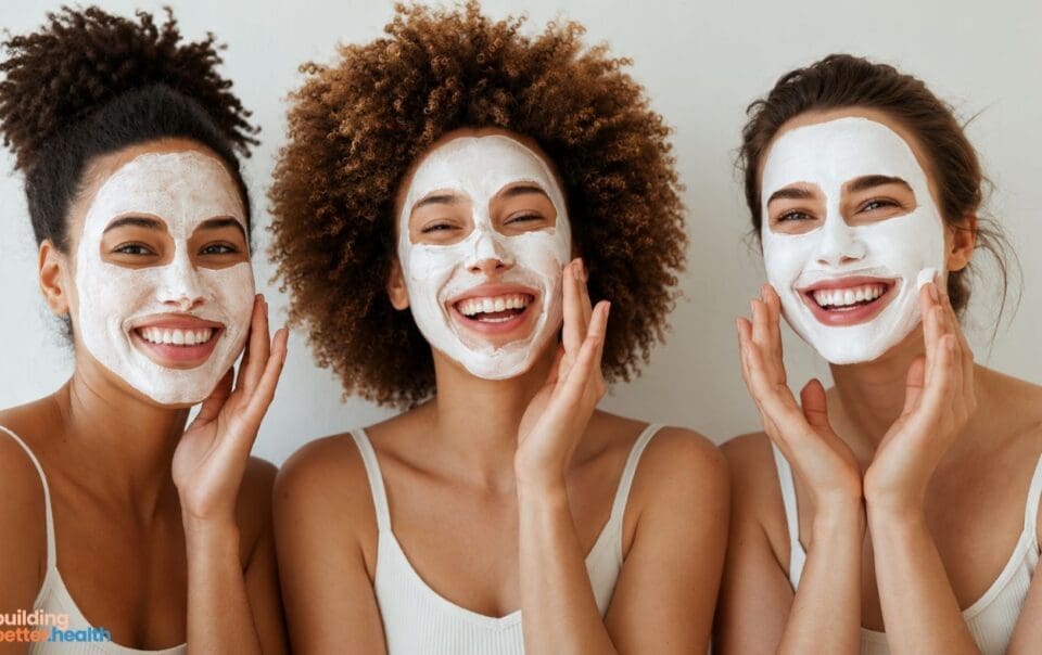 Three women smile and touch their faces, each wearing a white DIY face mask. They have different hair types and are dressed in light-colored tank tops. The background is a plain white wall.