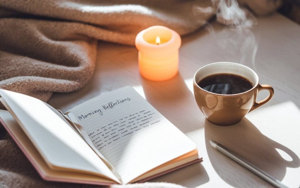 A cozy scene features an open journal titled Morning Reflections, hinting at thoughtful morning journal prompts. A pen rests beside a steaming cup of coffee in a brown mug, while a lit candle flickers nearby. A soft blanket peeks into view as sunlight filters across the table.