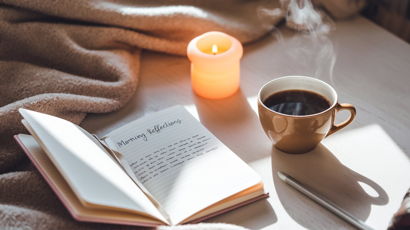 A cozy scene features an open journal titled Morning Reflections, hinting at thoughtful morning journal prompts. A pen rests beside a steaming cup of coffee in a brown mug, while a lit candle flickers nearby. A soft blanket peeks into view as sunlight filters across the table.