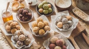 An assortment of vibrant, no-baking-required energy balls on parchment-lined bowls. Flavors like matcha, coconut, and chocolate pair with oats, honey, and cocoa on a wooden table. Snack smarter with these high-protein delights!.