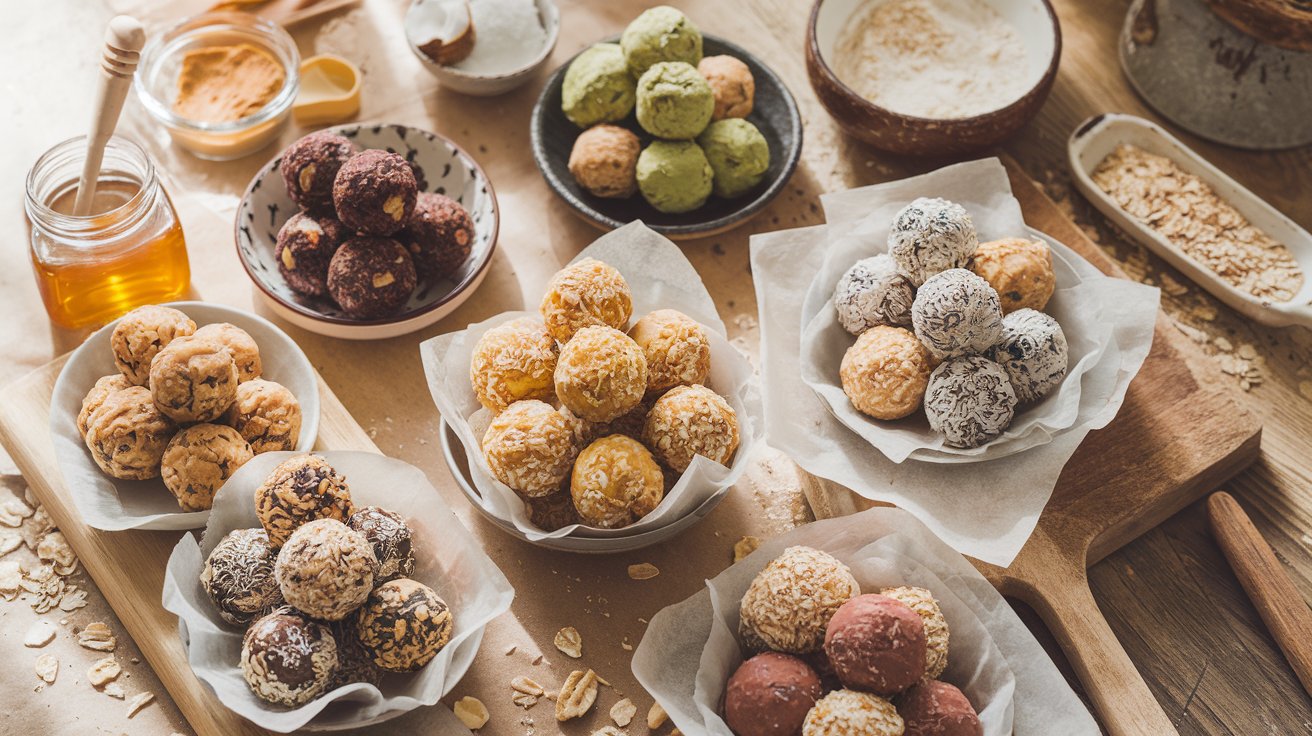 An assortment of vibrant, no-baking-required energy balls on parchment-lined bowls. Flavors like matcha, coconut, and chocolate pair with oats, honey, and cocoa on a wooden table. Snack smarter with these high-protein delights!.