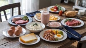 A rustic wooden table set with assorted foods: plates of cheese, eggs, and milk as top protein sources, cucumbers, tomatoes, avocado, slices of meat, asparagus, and a jar of smoothie. The setting suggests a hearty breakfast or brunch.